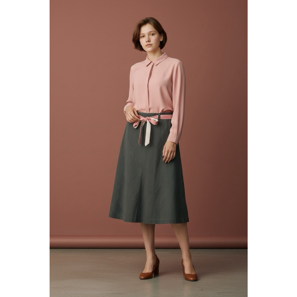 Size 8 Banana Republic Green/ Gray A-Line Skirt with Pink Ribbon Belt Cotton
